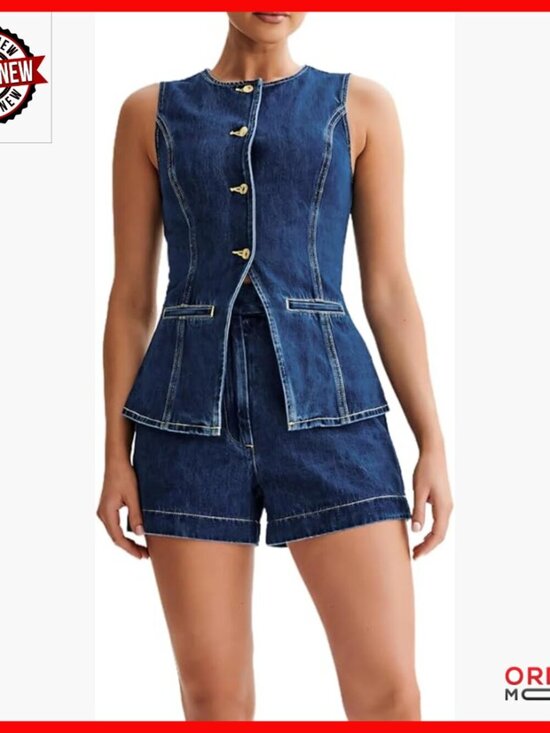 Other - Denim Two-Piece Set Sleeveless Vest High-Waisted Shorts Pant Suit